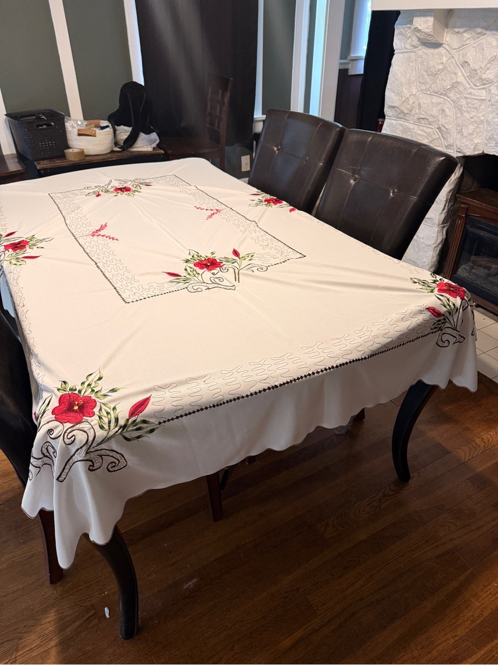 Curated Luxury Cream Tablecloth with Red and Green Floral Embroidery